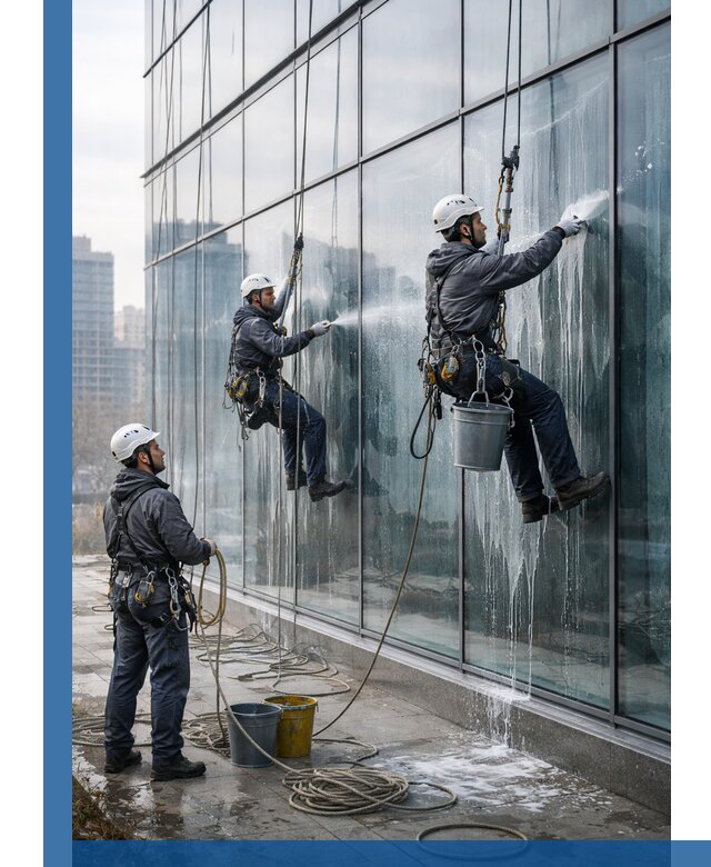 Промышленная мойка панорамных окон на высоте в Королёве