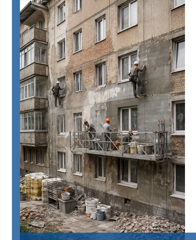 Капитальный ремонт фасада в Королёве с восстановлением и гидроизоляцией