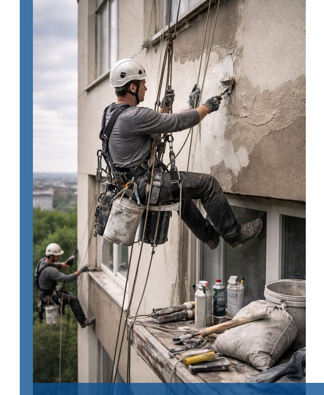 Косметический ремонт фасада зданий в Королёве промышленными альпинистами