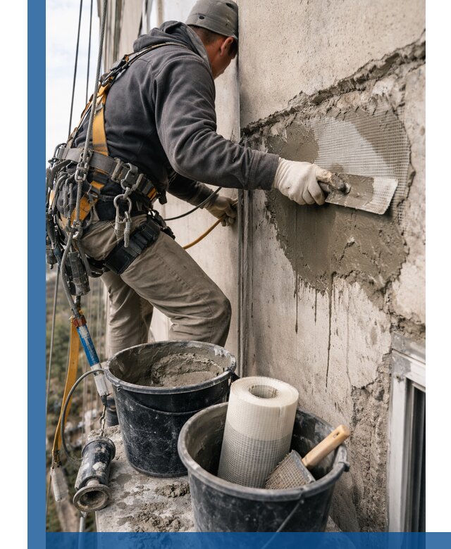 Ремонт бетонных элементов фасада промышленными альпинистами в Королёве