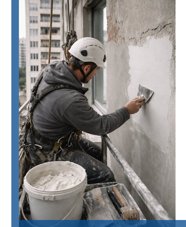 Шпаклевка фасадов на высоте с промальпинистами в Королёве