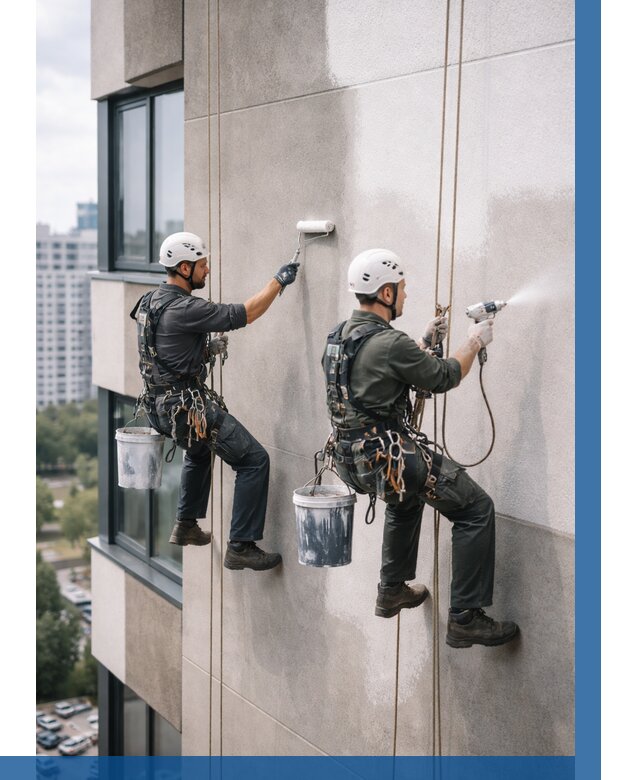 Покраска фасада альпинистами в Королёве от 312 р. | ВЫСОТНИК-Кор