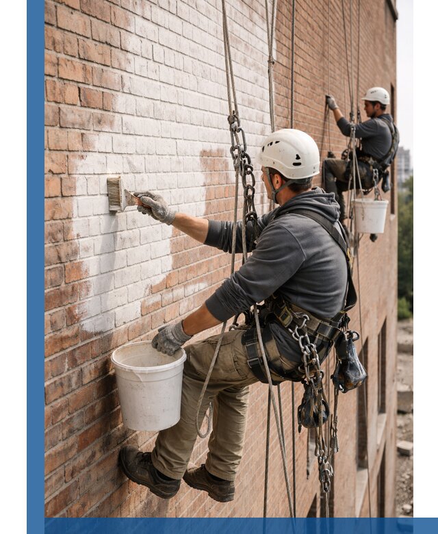 Покраска кирпичного фасада с доступным альпинистским сервисом в Королёве