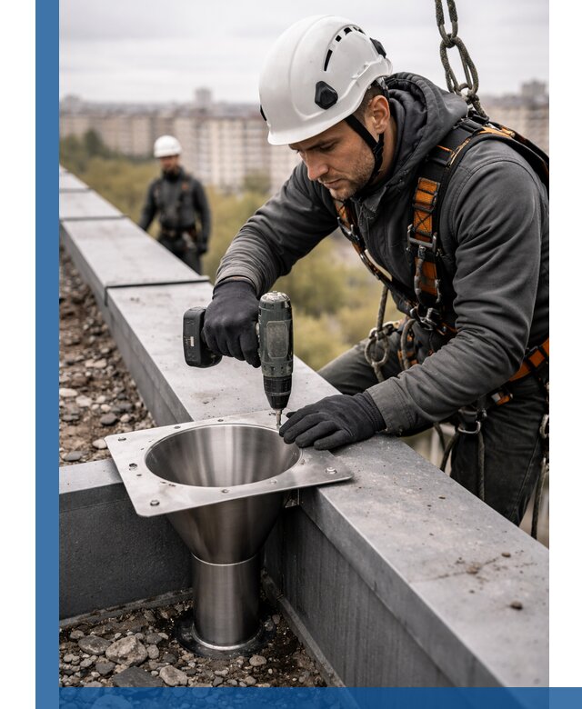 Монтаж водосточных воронок в Королёве для промышленных зданий