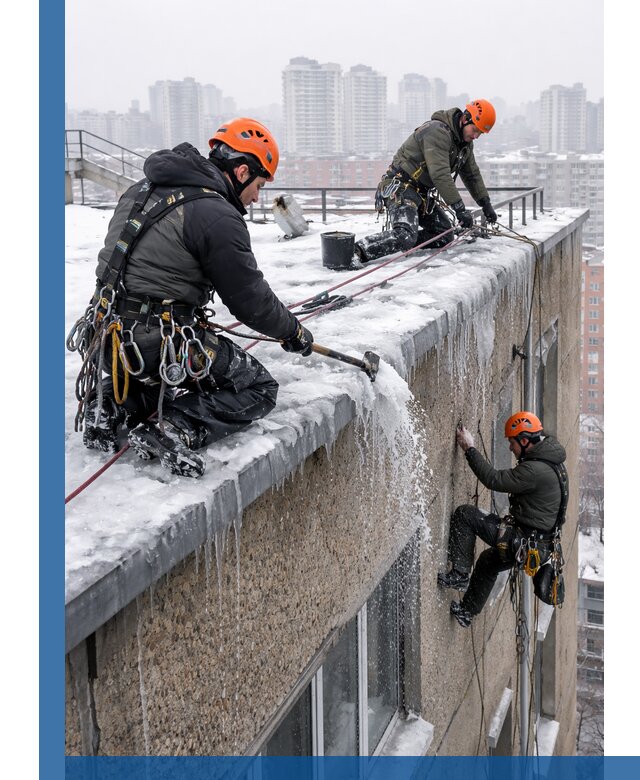 Удаление наледи с кровли в Королёве промышленными альпинистами