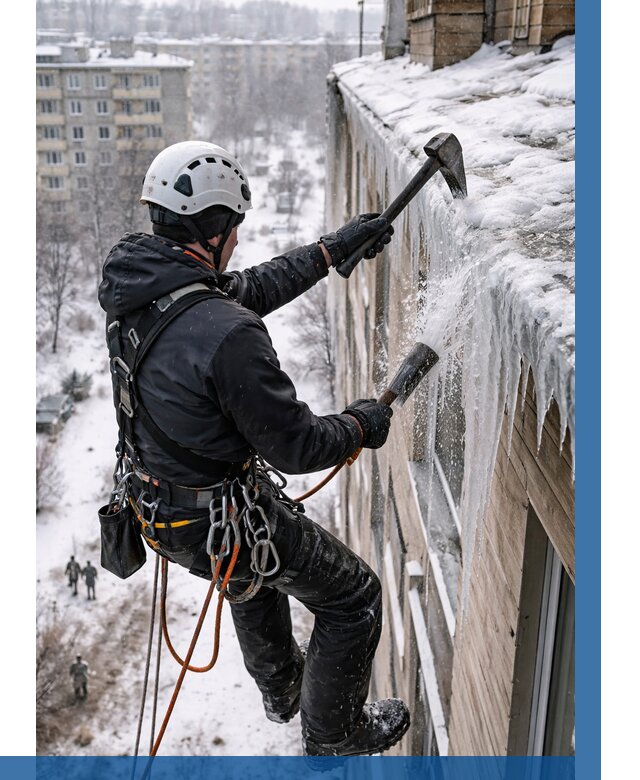 Сбивание сосулек с крыши в Королёве по цене от 4679 р. | ВЫСОТНИК-Кор