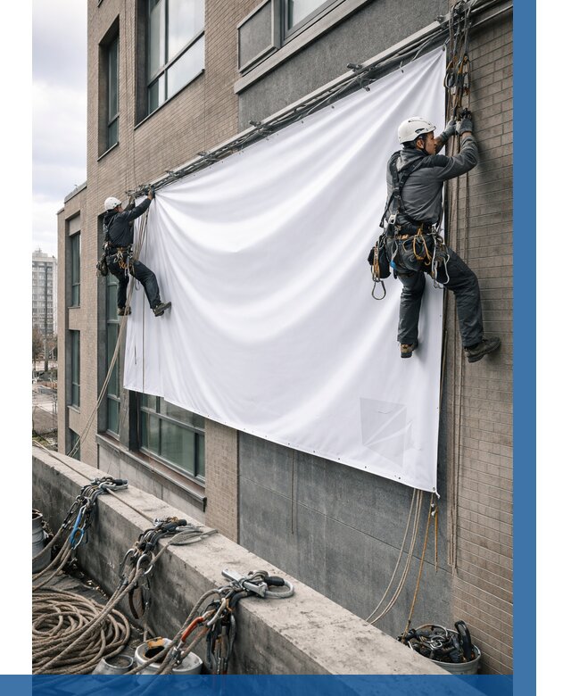 Монтаж баннеров на фасаде в Королёве от 676 р. заказать ВЫСОТНИК-Кор