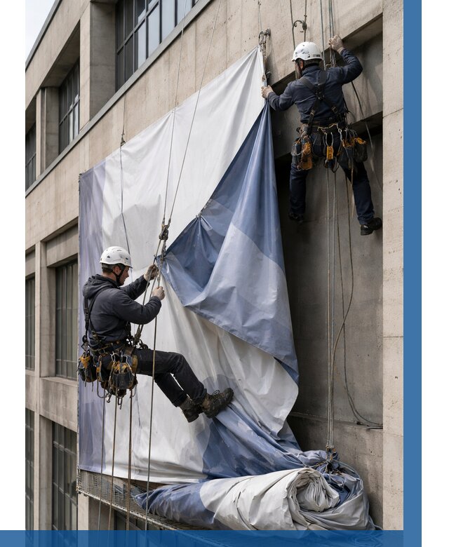 Демонтаж баннеров с фасада в Королёве от 4679 р. | ВЫСОТНИК-Кор