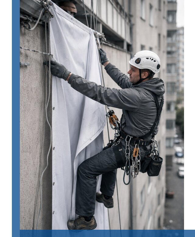Замена баннерного полотна промышленными альпинистами в Королёве