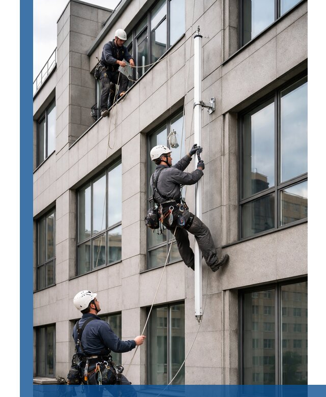 Монтаж флагштока на фасаде здания с креплением и герметикой в Королёве