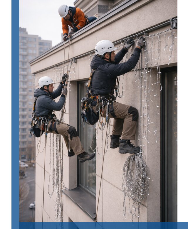 Монтаж праздничных гирлянд на фасаде в Королёве для зданий