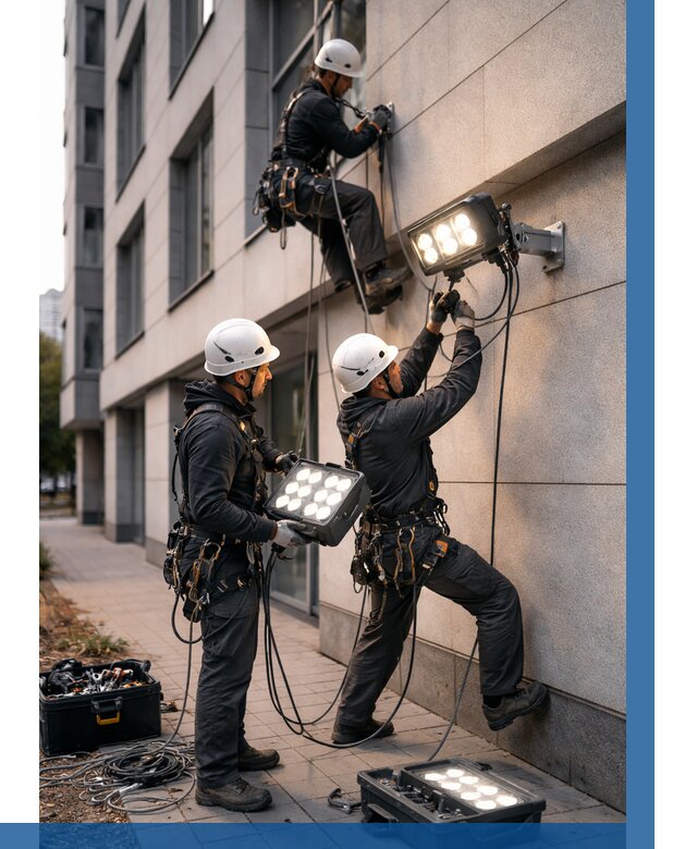Монтаж прожекторов на фасаде в Королёве от 7798 р. | ВЫСОТНИК-Кор
