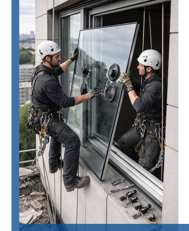 Замена стеклопакетов на высоте с промышленными альпинистами в Королёве