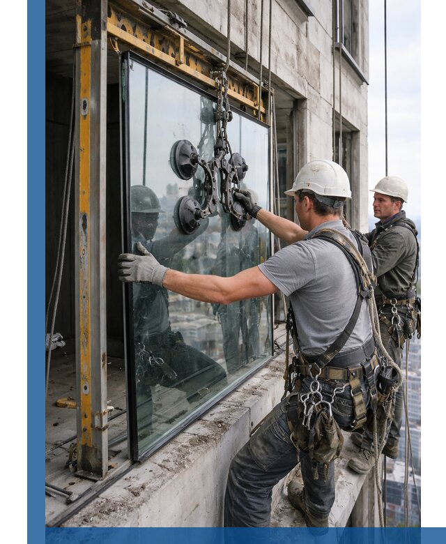 Монтаж стеклопакетов на высоте в Королёве с промышленным альпинизмом