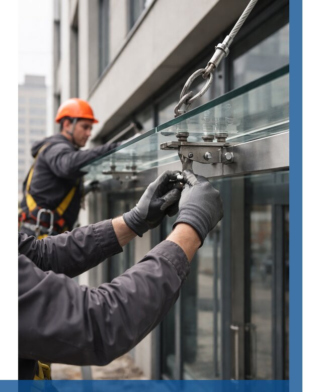 Монтаж стеклянных козырьков в Королёве от 8837 р. | ВЫСОТНИК-Кор