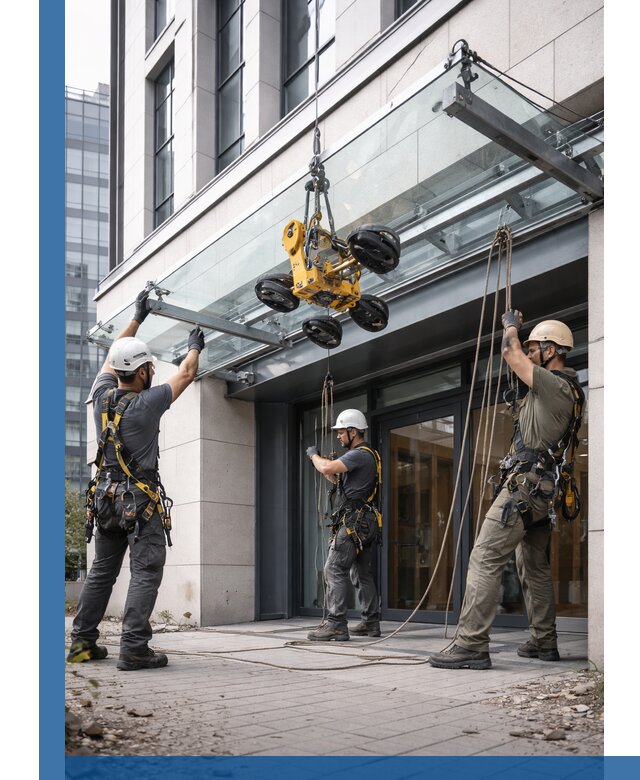 Монтаж стеклянных козырьков под ключ в Королёве для зданий