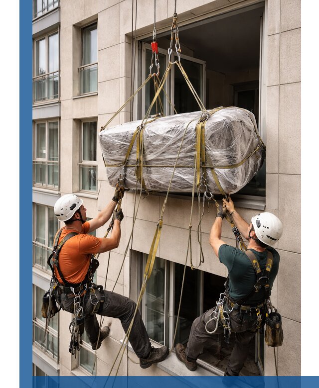 Подъем грузов через окно в Королёве промышленными альпинистами