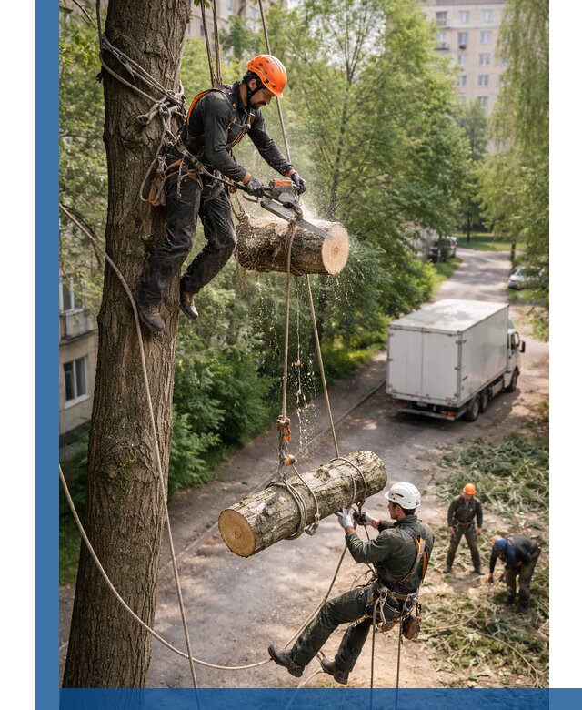Спил деревьев альпинистами в Королёве, безопасно и без повреждений