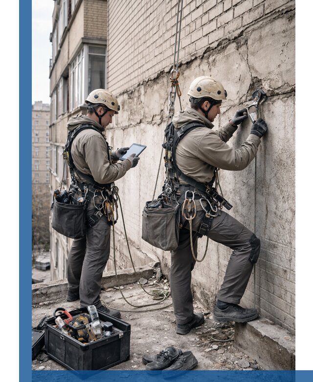 Обследование фасада промышленными альпинистами в Королёве